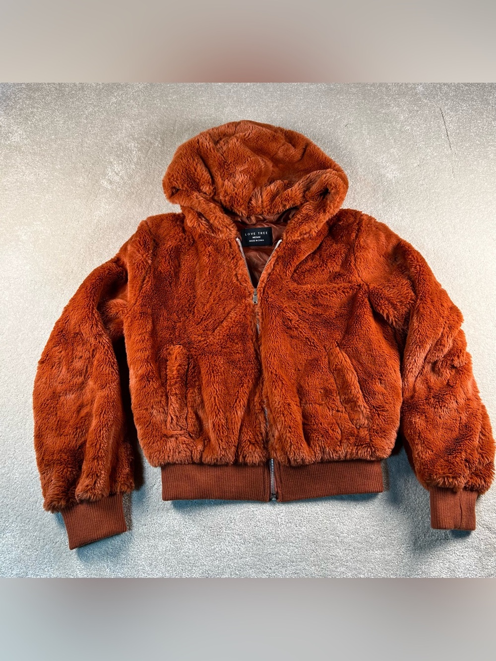 Love Tree Jacket Faux Fur Plush Hooded Zip Up Cropped Rust Orange Women's Medium